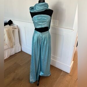 Elegant Blue Sparkle Wide Leg Pants, Bandeau Top & Versatile Scarf